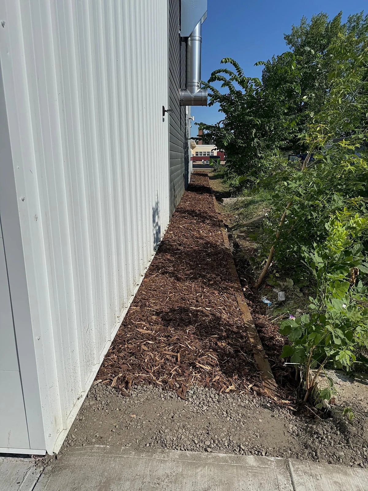 Finished mulched landscape strip along building exterior